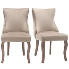 Grey Velvet Dining Chair With Button Tufting, Solid Wood Frame, Grey - Beige - View 13