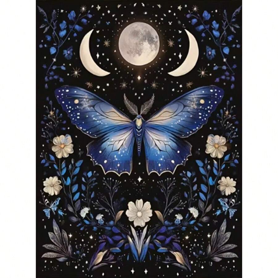 1幅5D DIY钻石画《月下蓝蝴蝶》，手工DIY钻石刺绣，无框，客厅卧室装饰，送给妈妈的礼物