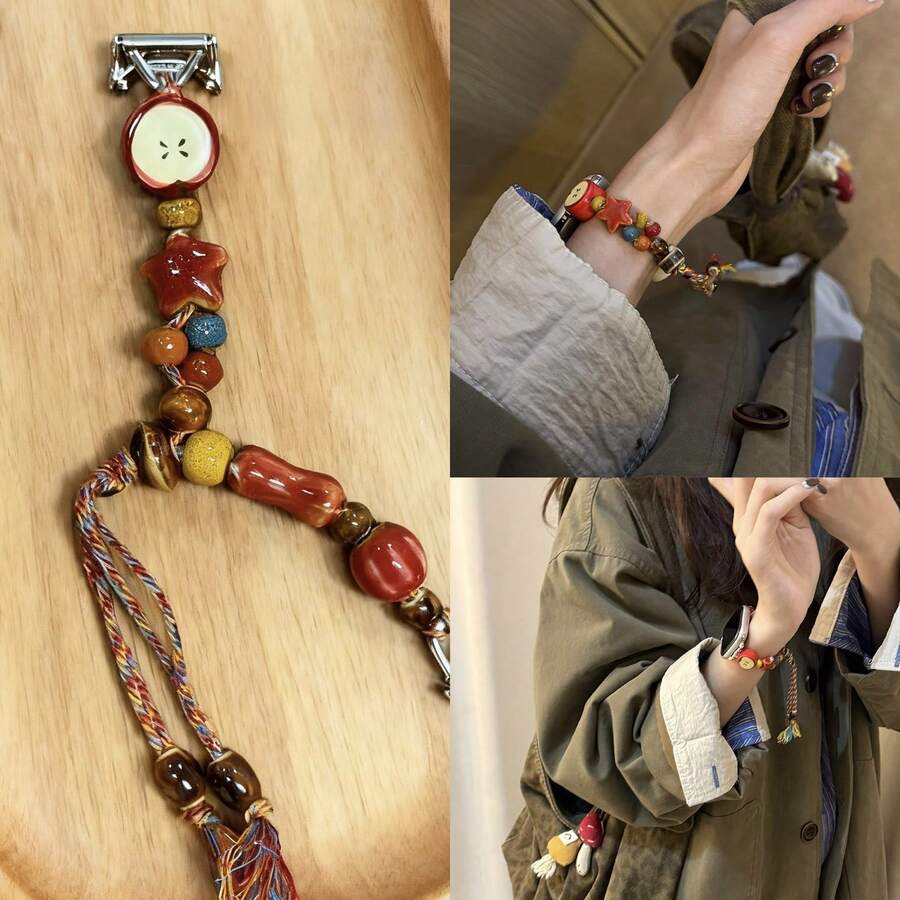 1件新款中国风可爱苹果形手工陶瓷串珠表带，吉祥水果壁龛设计 - 42/44/45/46/49 - 查看 1