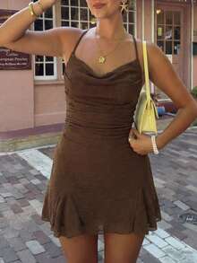 Women's Plunging Neckline Backless Tie Strap Design Sexy Mini Dress - Brown - View 2
