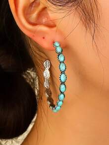 1 Pair Bohemian Synthetic Turquoise Exaggerated C-Shaped Hoop Earrings, Retro Western Style Personalized Large Hoops - C-shaped - View 7