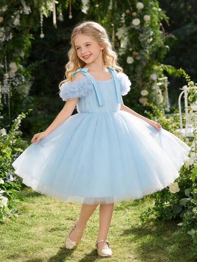 Young Girl's White Spaghetti Strap Tulle Elegant Princess Dress, Bow Decor, Suitable For Girls' Birthday Party, Wedding, Flower Girl, Formal Occasion