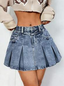 Váy ngắn denim xếp ly túi xéo thời trang dành cho thiếu nữ - Màu xanh lam - Xem 7
