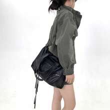 Y2K Vintage Women's Vegan Leather Tote Bag, Large Capacity Rivet Splicing Personalized Street Shoulder Bag - Black - View 9