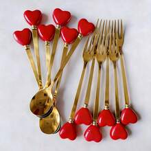 1/2/6/12pcs Ceramic Handle Stainless Steel Cutlery Set, Gold Fork & Spoon, Coffee Spoon, Ice Cream Dessert Spoon, Fruit Salad Fork, Creative Red Heart, Cute Stirring Seasoning Spoon, Party Afternoon Tea Tableware - Multicolor - View 15