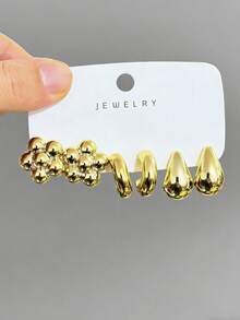 3对/9对装粗款银色耳环套装，低过敏性女士粗款耳环 - 金色 - 查看 7