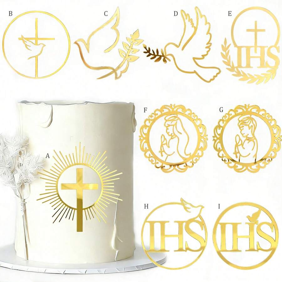 1pc/3pcs Gold Mirror Acrylic Cross Dove IHS Baptism Cake Toppers,For Baptism Communion Theme Party DIY Cake Dessert Decoration Supplies - Multicolor - View 1