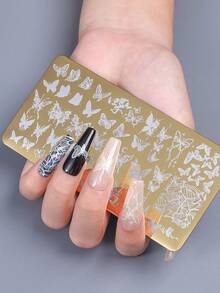 1/2pcs Butterfly Print Gold Nail Art Stamping Plate Spring Summer Butterfly Nail Stencil Metal Template Reusable Carved Pattern Tool Stainless Steel Nail Stamp Tool Butterfly Nail DIY Accessories - Gold - View 4