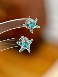 1 件优雅航海风耳钉，饰有全覆盖式蓝绿色宝石细节 - 水湖藍海星耳環 - 查看 4