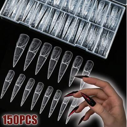 150片透明尖头美甲贴片 - 150片透明尖头美甲贴片 - 全覆盖假指甲，长款尖头假指甲，透明亚克力美甲延长片 - 易于塑形的雕刻美甲片，长款假指甲，适用于DIY美甲和美甲装饰