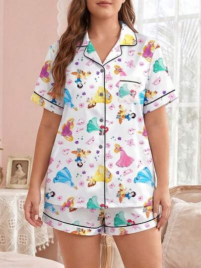 Disney 两件套公主系列卡通印花舒适府绸面料短袖纽扣上衣和松紧腰短裤可爱大码女式睡衣套装，丝滑柔软透气面料，适合所有季节的家居服