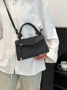 Nueva bolsa de hombro de unicolor, bolso cuadrado minimalista casual, bolso de mano simple y elegante, bolso cruzado retro para mujeres - Negro - Ver 5
