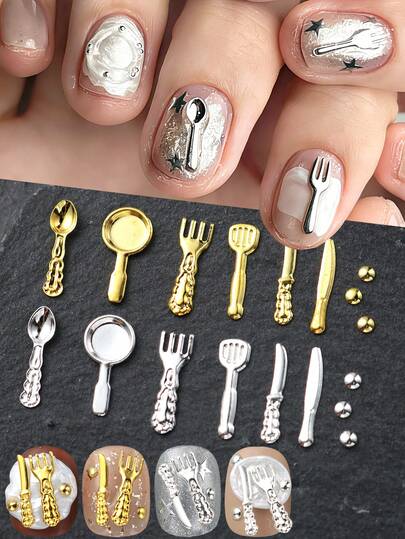 1 包勺子叉子刀子美甲饰品金属金色银色美甲水钻铆钉美甲配件工艺品夏季假日 DIY 美甲用品