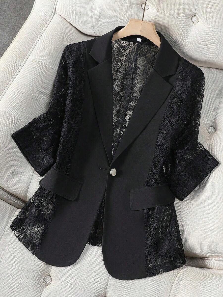 Sheer Black Blazer Jacket For Women, Thin Style, Casual Office Wear, 3/4 Sleeve, Petite Spring - Black - View 1