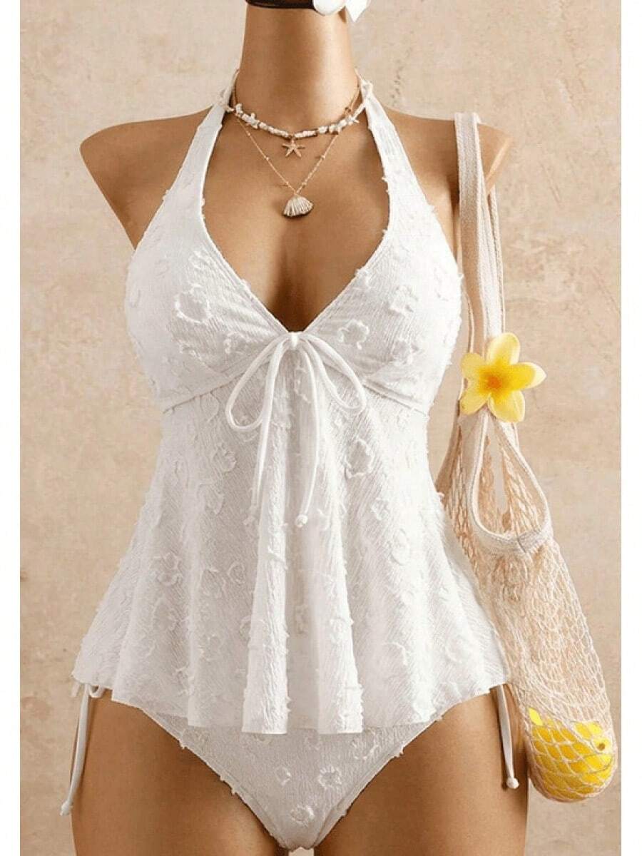2026 European & American Style Lace Bikini, Halter Tie Ruffle Hem Tummy Control Two Piece Swimsuit For Hot Spring & Beach - 白色 - 查看 1