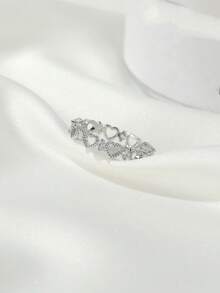 1pc Luxury Hollow Heart Rhinestone Inlaid Adjustable Open Ring, Fashionable Elegant Minimalist Versatile Jewelry, Suitable For Daily Wear, Dates, Weddings, A Gift For Her - Silver - View 2