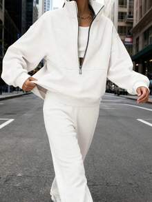 Women's Solid Color Half-Zip Stand Collar Sweatshirt - Oversized Loose Fit, Long Sleeve, Soft Lightweight Fabric | Casual Outdoor Activewear, Versatile Loungewear For Teens & Adults | Simple Fashion Sporty Pullover (Spring & Summer Style)    Summer      2 Piece Sets Woman  (Local Warehouse Discounts.) | Two Piece Set Women | 2 Piece Sets Woman | Workout Sets Women | Women Two Piece Sets | Sets 2 Piece Women | Conjunto De Dos Piezas Mujer - 白色 - 查看 1