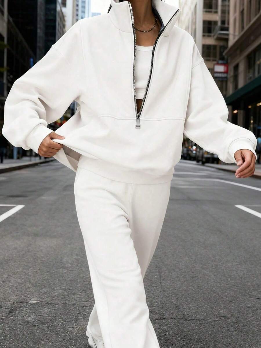 Women's Solid Color Half-Zip Stand Collar Sweatshirt - Oversized Loose Fit, Long Sleeve, Soft Lightweight Fabric | Casual Outdoor Activewear, Versatile Loungewear For Teens & Adults | Simple Fashion Sporty Pullover (Spring & Summer Style)    Summer      2 Piece Sets Woman  (Local Warehouse Discounts.) | Two Piece Set Women | 2 Piece Sets Woman | Workout Sets Women | Women Two Piece Sets | Sets 2 Piece Women | Conjunto De Dos Piezas Mujer - 白色 - 查看 1