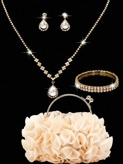 Bộ trang sức đính đá lấp lánh gồm dây chuyền, bông tai, vòng tay sang trọng hình hoa mơ cho túi xách cô dâu, ví cầm tay dự tiệc, đám cưới lãng mạn, túi đeo vai dây xích mùa xuân/hè, túi cô dâu, ví cầm tay dự tiệc trang trọng, túi dự tiệc dạ hội thanh lịch, hoàn hảo cho tiệc cưới, dạ hội, tiệc tối/tiệc chiêu đãi, phối cùng váy dự tiệc ngày lễ, váy dạ hội và váy đính sequin.