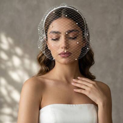 1pc Black Birdcage Veil, White Mesh Bridal Headband, Suitable For Wedding, Party, Tea Ceremony Accessories