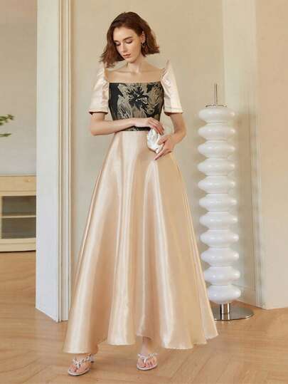 1件优雅蝴蝶袖菲律宾传统连衣裙，提花中长款女式连衣裙，适合优雅场合和春季，卡其色