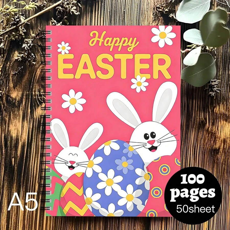 1 pieza Cuaderno/Diario con tema de Pascua feliz, que contiene lindos patrones de conejo y huevo, adecuado para útiles escolares/de oficina, libreta - A5 - Ver 1