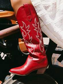 Women's Solid Color Stylish Fall Boots, Easy Comfy Pull On Embroidered Chunky Heel Knee High Boots, Point Toe Western Cowboy Heeled Boots For Woman - Đỏ - Xem 7