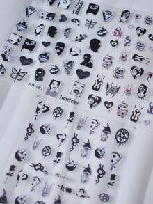 3 Stücke Gothic Dunkel Stil Nagel Aufkleber, Cartoon Charaktere, schwarze Flammen, Pilze, giftige Schlangen 3D Nail Art Abziehbilder, geeignet für einmalige Verwendung DIY Nagelstudio Zubehör für Frauen - Verschiedenfarbig - Übersicht 5