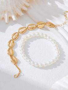 2 piezas Elegante y lujoso diseño creativo exagerado de moda Pulsera de tobillo elástica hecha a mano con perlas falsas + 1 pieza Conjunto de pulsera de tobillo con concha de metal conectada, adecuada para la playa, vacaciones, viajes, puede usarse como regalo - Blanco + Oro - Ver 4