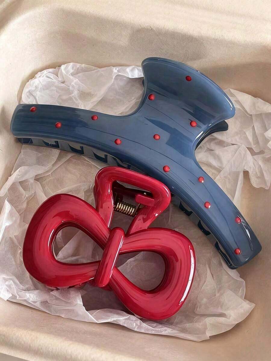 2pcs/1pc Women 4. 33in/11cm Plastic Blue Polka Dot & Red Bow Hair Clips, Fashion Versatile Elegant Minimalist Solid Color Hair Claws, Suitable For Daily, Casual, Party, Commute, Beach, Hairstyling, Makeup, Outfit Accessory Elegant Claw Clips Fashion Hair Clutch Women Hair Accessories Summer Vacay Hair Clips - 多色 3 - 查看 1