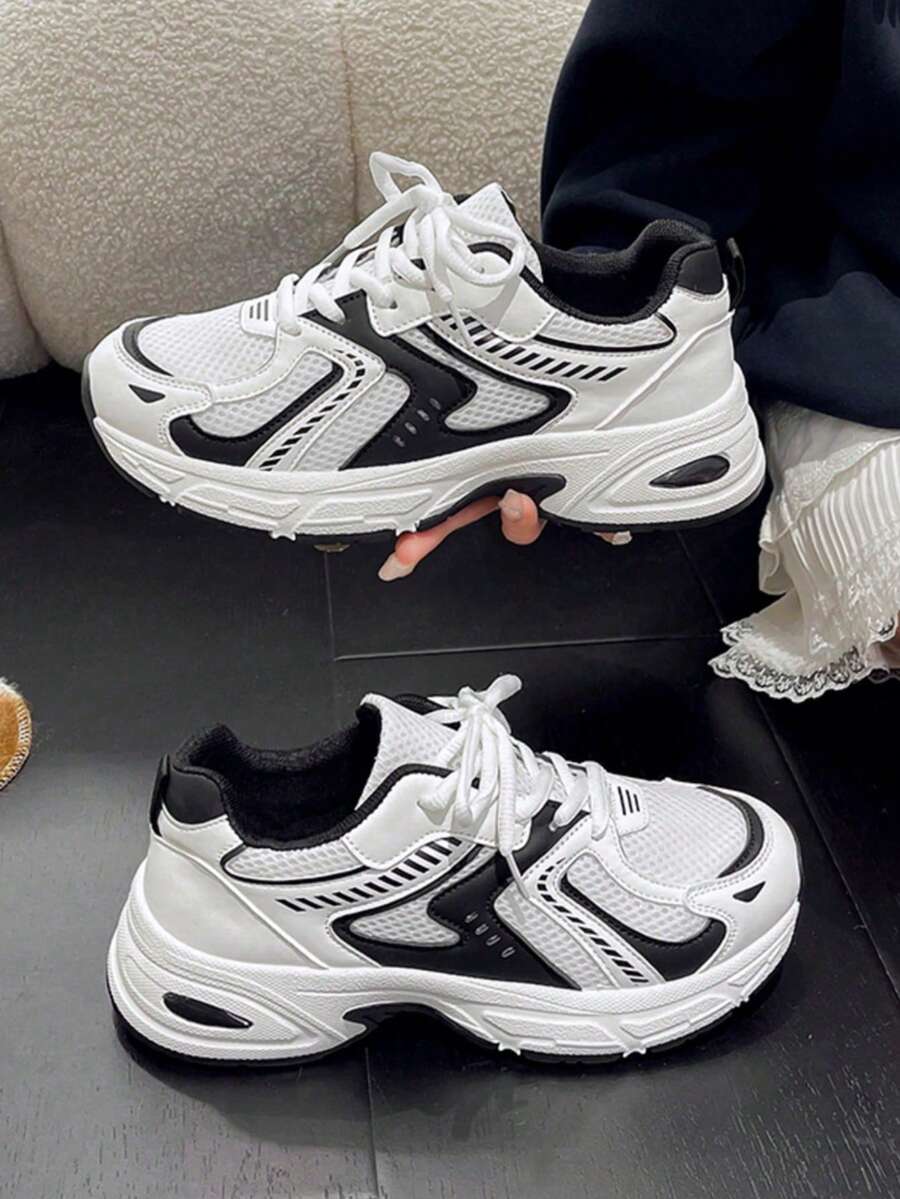 Soft Leather Thick-Soled Height-Enhancing Sneakers, Women's Breathable Mesh 2025 Spring, Summer And Autumn New Casual Running Shoes, Music Festival Millennial Style Back To School Must-Have - Đen và trắng - Xem 1