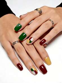 Change Your Nails With This, 24pcs Square French Wine Red Flower & Golden Pearl Full Cover Press-On Nails, Includes 1pc Gel Polish And 1pc Nail File, Suitable For All Women And Girls For Daily Wear, Festivals, Parties, Summer Beach - Multicolor - View 2