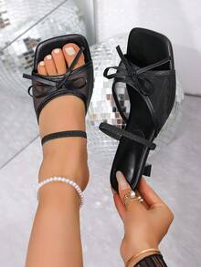Women's High Heel Sandals With Bowknot, Polyester Mesh Splice, Wide Fit Beach Sandals - Black - View 9