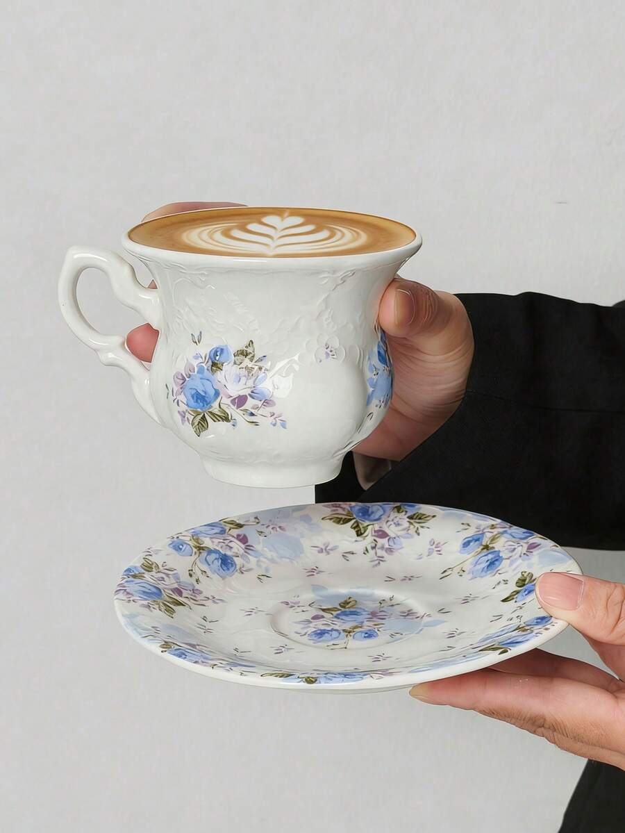 一套压花花卉陶瓷咖啡杯碟，法式简约陶瓷杯碟，花卉图案家用早餐牛奶杯、果汁杯、水杯、下午茶杯，高品质办公水杯、咖啡杯，礼品杯 - 彩色 - 查看 1