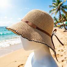 Mũ tai bèo chống nắng mùa hè, mũ rộng vành dệt kiểu Hàn Quốc thoáng khí dành cho nữ, mũ du lịch đa năng mới, phù hợp cho bãi biển, du lịch nghỉ dưỡng, mặc hàng ngày, leo núi, v.v. - Mũ tai bèo, màu trơn ~ đen - Xem 9