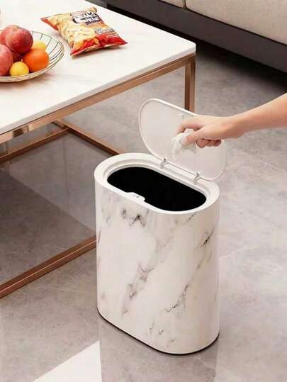 1 Piece Square Trash Can With Lid, Odor-Proof Design, Pedal, Marble Pattern, Suitable For Bathroom, Hotel, Home, Kitchen, Living Room, Plastic, Fashionable, For Narrow Spaces, Space-Saving Design, For Home And Bathroom Decoration, Christmas Decoration