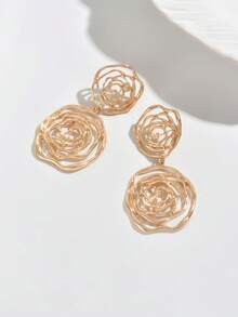 1 Pair European And American Minimalist Fashion Gold-Color Metal Alloy DIY Woven Floral Earrings, Including: Half-Side 3D Floral, Zinc Alloy Geometric Gold Flower, Zinc Alloy Drip-Painted Flower Pendant, 3D Gold Metal Flower, Double-Layer 3D Metal Wire Flower, Rose Flower, 3D Gold Metal Flower, Handmade Red Flower Drip-Painted Earrings. Suitable For Vacation, Party, Daily Wear, Holiday Gifts. - Gold - View 3