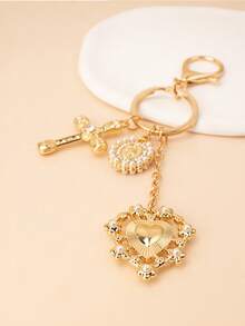 1pc Gold Plated Faux Diamond & Pearl Cross Keychain Pendant, Heart, Bow Knot, Figure Charm, Creative Keychain Decor Accessory - Ideal Birthday Gift, Party Favor, Holiday Present - Multicolor - View 3