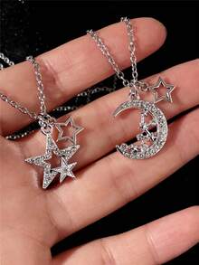 Romantic Star & Moon Rhinestone Pendant Necklace, Silver Color, Fashionable & Unique, Lucky Star Necklace, Suitable For Men And Women, Gift For Valentine's Day, Mother's Day - Silver - View 7