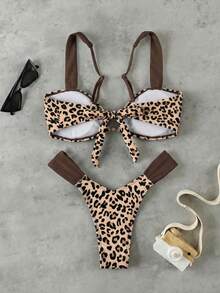 New Leopard Print Ruched Sexy Elegant Beach Vacation Party Bikini Set For Women, Spring/Summer - Multicolor - View 3