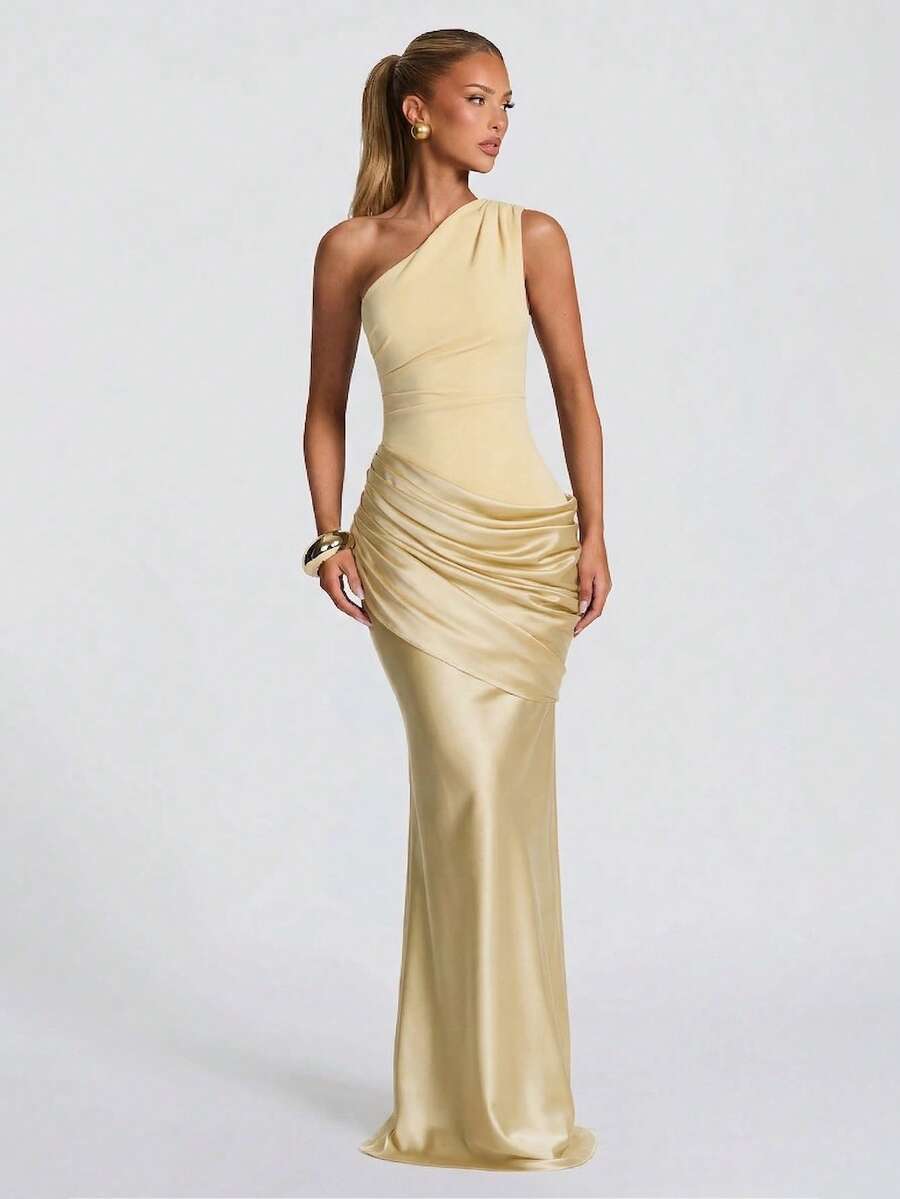 Elegant Asymmetrical Shoulder Fitted Cocktail Dress, Ruched Waist & Hip Design, Suitable For Formal Occasions, Wedding Parties, Bridesmaid Dresses Party - Gold - View 1
