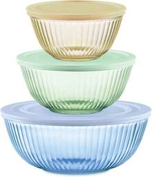 Colors Tinted (3-Pack, Full Set) Sculpted Tinted Glass Mixing Bowls With Plastic Lids, Nesting Space Saving Set Of Bowls For Prepping And Baking - 淺藍色 - 查看 1