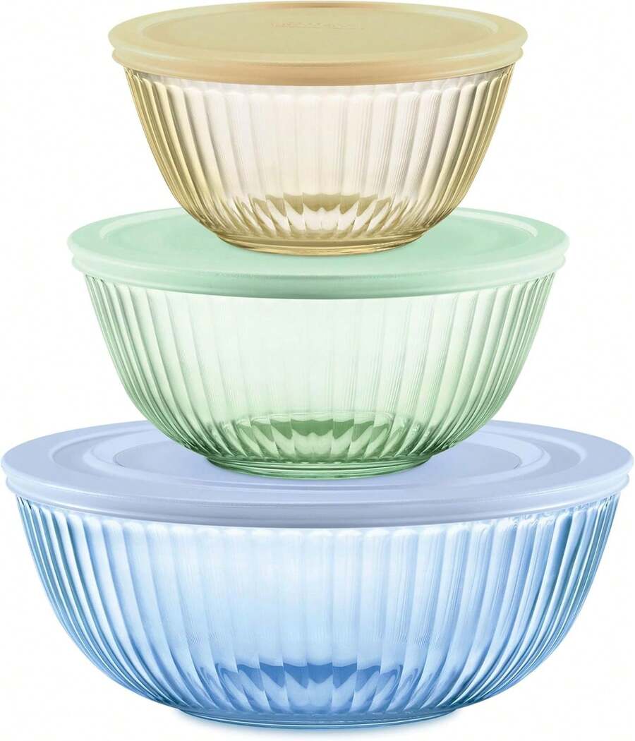 Colors Tinted (3-Pack, Full Set) Sculpted Tinted Glass Mixing Bowls With Plastic Lids, Nesting Space Saving Set Of Bowls For Prepping And Baking - 淺藍色 - 查看 1