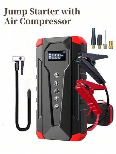 5000A 150PSI Car Jump Starter With Air Compressor, 12V Portable Car Battery Starter With Jump Cables, LCD Display And LED Flashlight