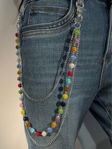 1pc Fashion Hip-Hop Stainless Steel Chain Belt, Handmade Colorful Rhinestone Ball Waist Chain, Unisex Body Chain Accessory For Daily Wear (Assorted Colors) - Multicolor - View 6