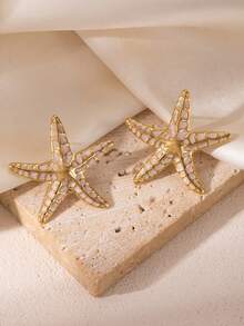 1 Đôi bông tai hình sao biển mạ vàng, tráng men tím, họa tiết biển nhiệt đới, dành cho nữ, trang sức dự tiệc mùa hè, đi nghỉ mát. - Vàng - Xem 7