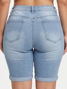 Plus Size Women's Distressed Skinny Biker Jeans - Stretchy Denim & Slim Fit Casual Summer - Light Wash - View 2
