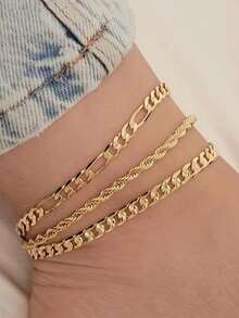 3pcs Gold Multi-Layer Chain Design Unique Anklet, Beach & Street Style, Suitable For Women's Daily Wear, Great Gift For Female Friends - Anklet Set - View 14