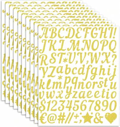 880 PCS Gold Glitter Cursive Letter & Number Stickers, Self-Adhesive Waterproof 1 Inch Vinyl Alphabet Decals For DIY Crafts, Scrapbooking, Graduation Cap & Gift Decoration, 10 Sheets
