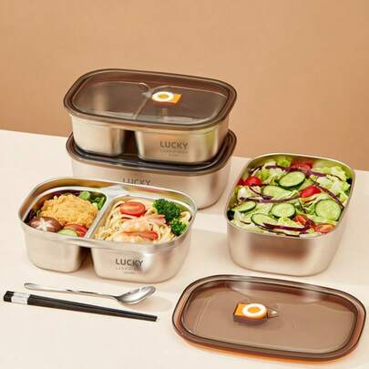 304 Stainless Steel Lunch Box With Cute Cartoon Patterns, Sealed And Leak Proof Bento Box, Camping And Picnicking Portable Food Container , Microwave Heatable, Cold And Heat-Resistant Refrigerator Fresh-Keeping Box, Suitable For Student And Adult Use In Home, School, Office, Outdoor